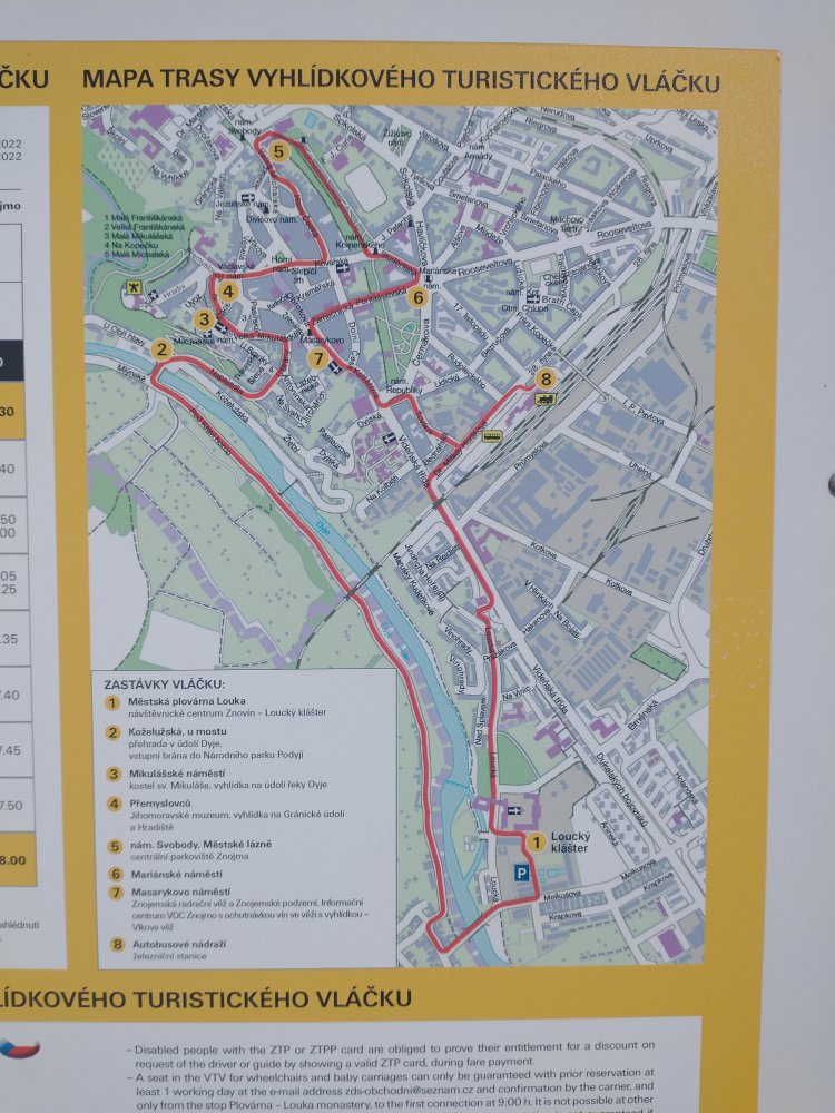 Mapa zastávek a jízdní trasy vyhlídkového vláčku ve Znojmě